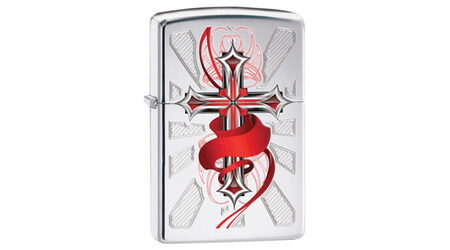 купите Зажигалка Zippo 28526 Gothic Cross High Polish Chrome (зеркальный хром, рисунок креста с алой лентой) в Нижнем Новгороде