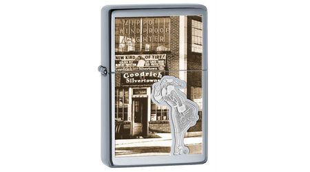 купите Зажигалка Zippo 28538 Goodrich Silvertown Vintage High Polish Chrome (зеркальный хром, фото магазина Гудрич, гравировка девушки Windy Girl) в Нижнем Новгороде